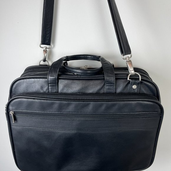 Samsonite Black Leather Laptop Portfolio Messenger Expanadble Bag - Picture 10 of 10